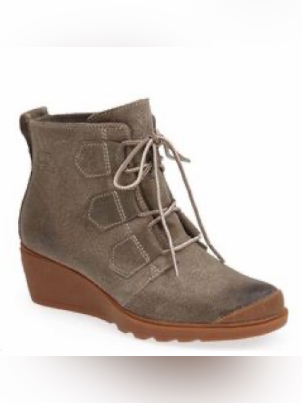 Sorel Toronto Women’s Lace Up Wedge Booties Taupe Olive Leather Suede Size: 8.5